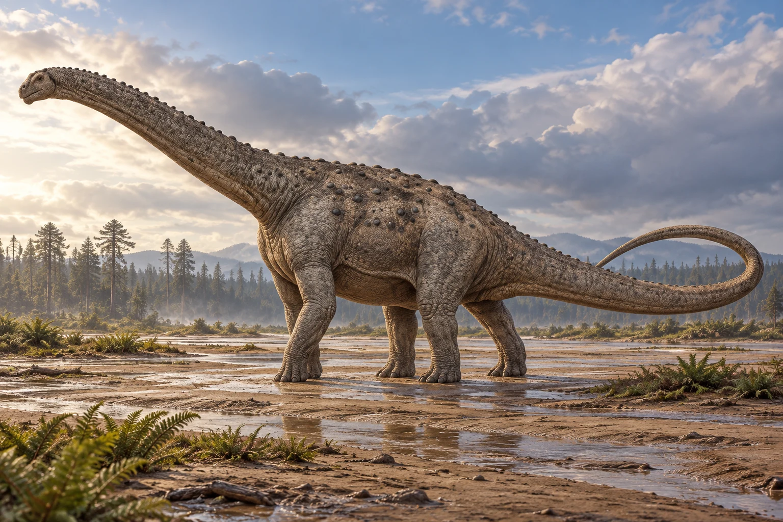 AI artistic reconstruction of Janenschia: long low neck and small head; Heavy barrel trunk on four legs; Long tail curved upward at tip.