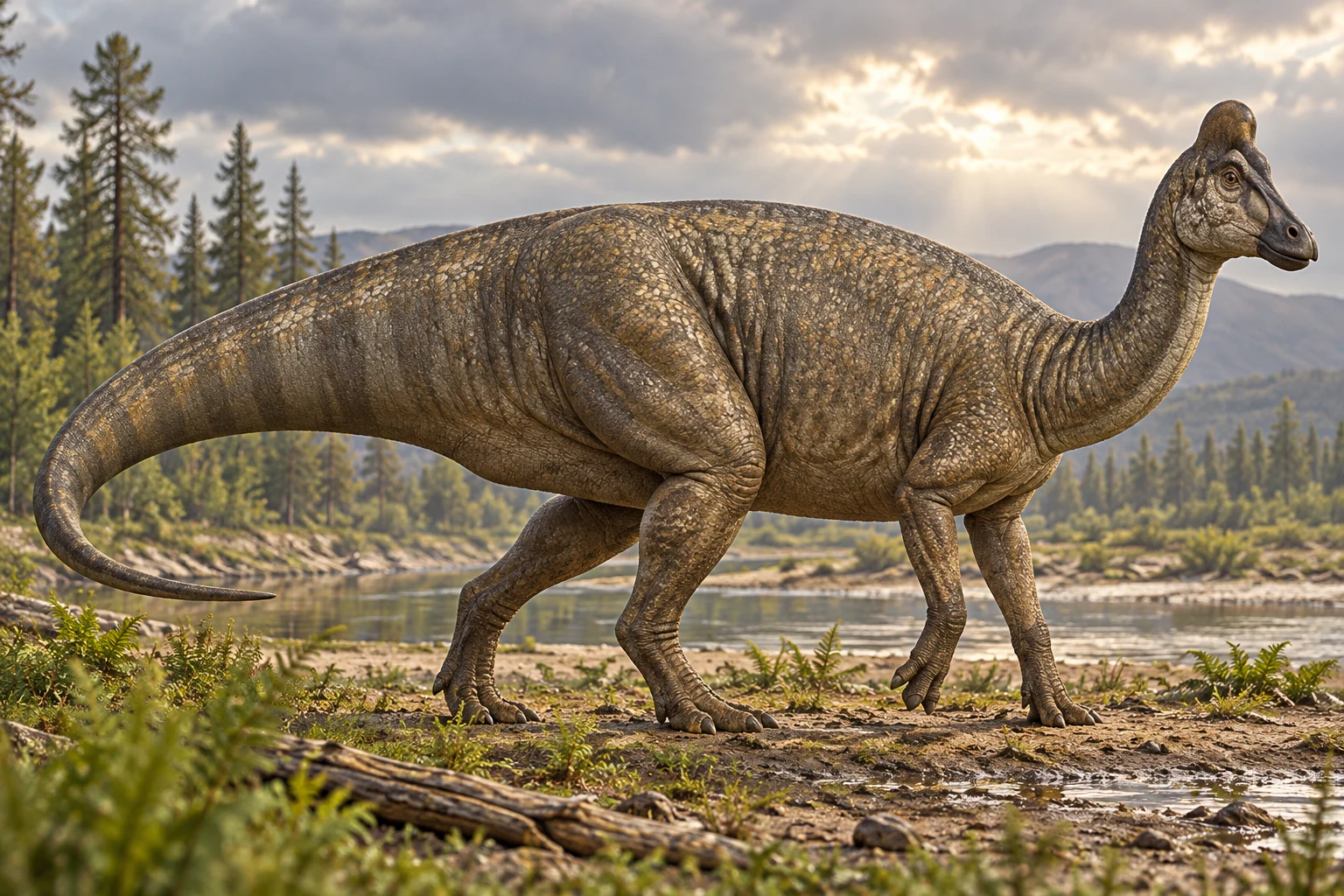 AI artistic reconstruction of Jaxartosaurus: rounded cranial crest; Broad beaked head; Four-legged body with deep tapering tail.