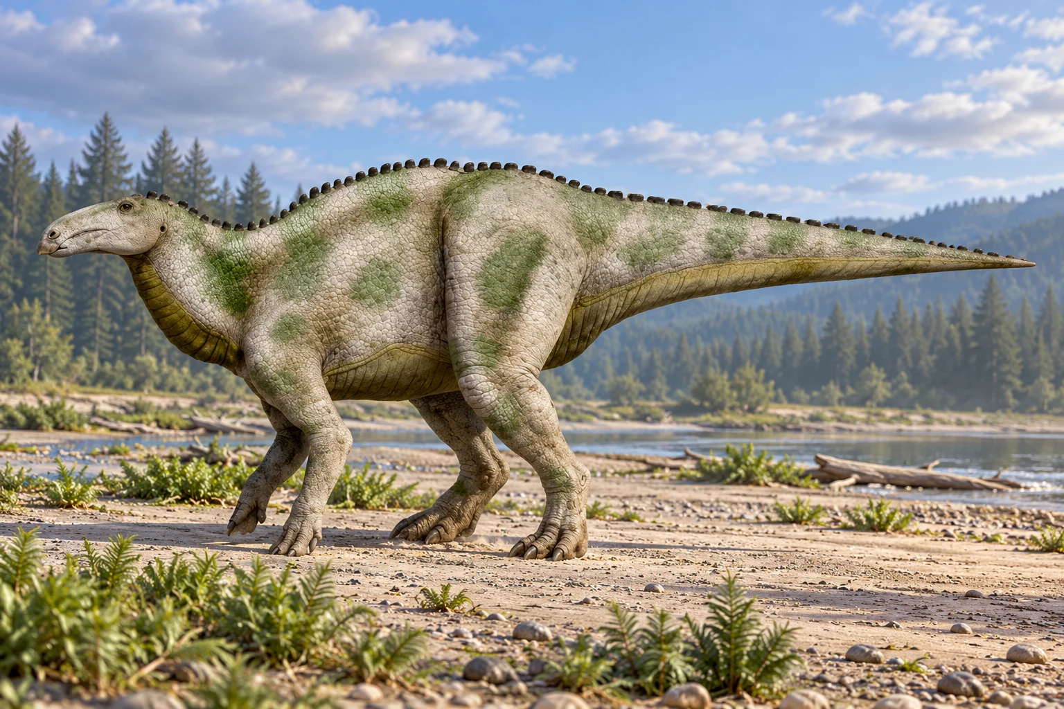 AI artistic reconstruction of Jeyawati: low beaked head and short neck; deep ornithopod torso; four limbs and complete tapering tail visible.
