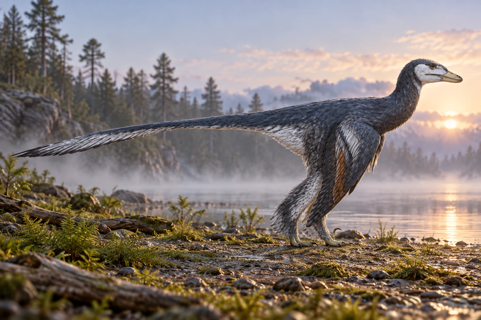 AI artistic reconstruction of Jian: short beaked low head; Feathered forelimbs and hind limbs; Long narrow feathered tail.