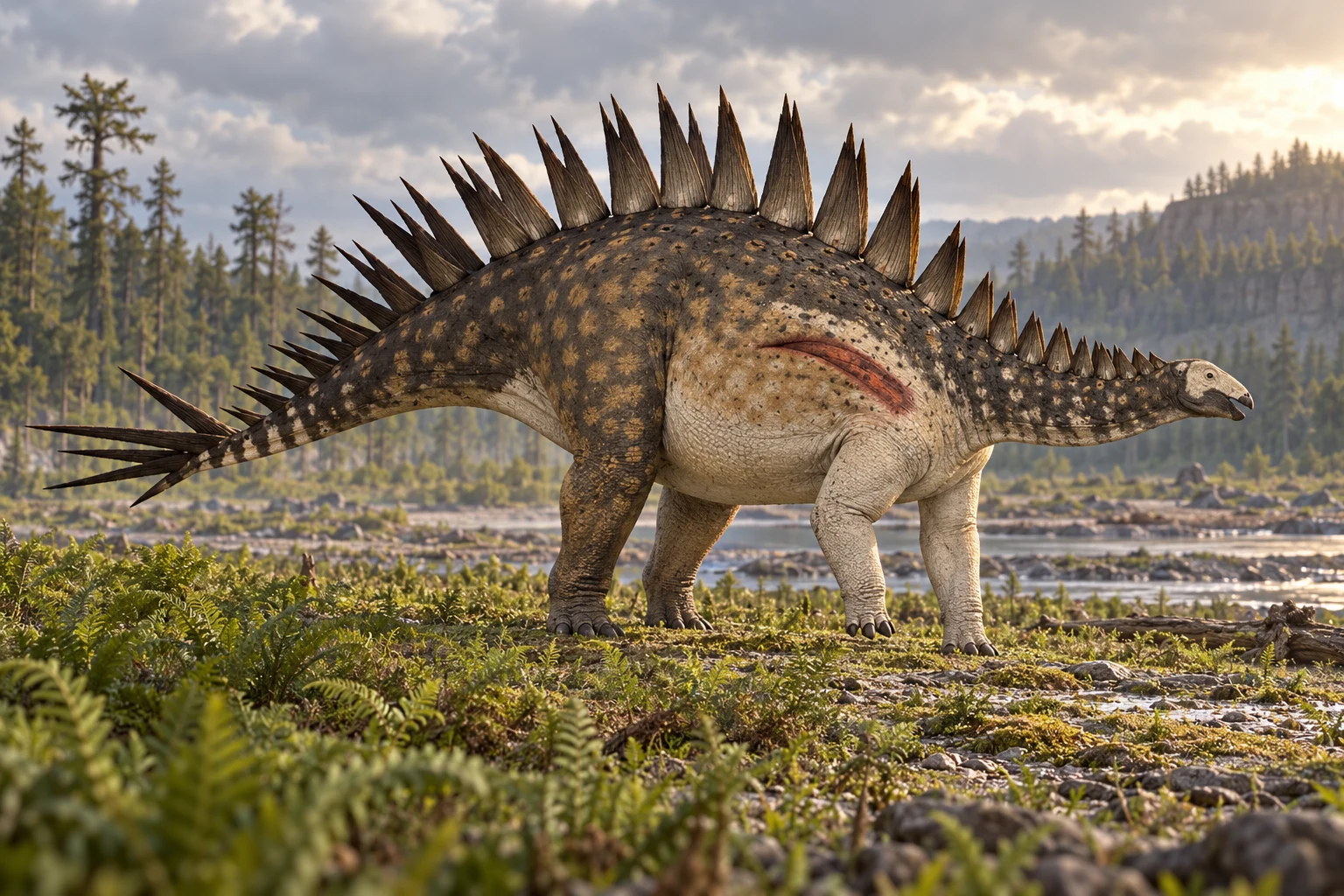 AI artistic reconstruction of Jiangjunosaurus: small low head; Heavy four-legged body with tall narrow back plates; Long tail with pointed spikes.