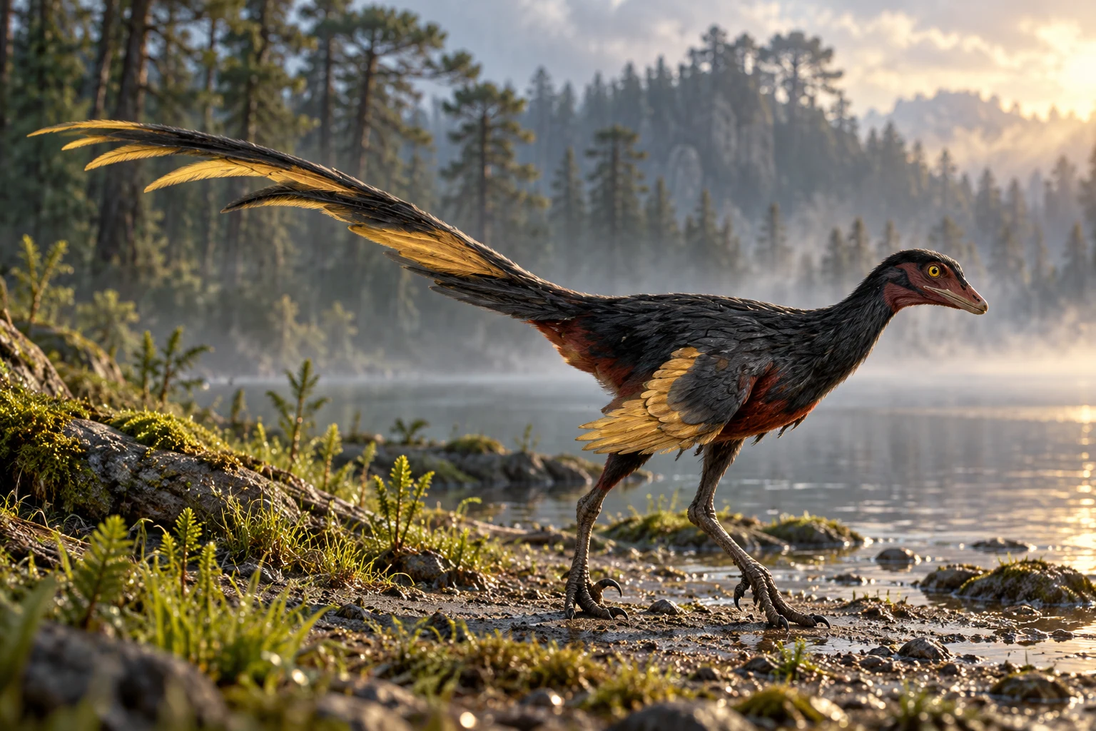 AI artistic reconstruction of Jinfengopteryx: small low feathered head; Feathered forelimbs and long hind legs; Long tail with long narrow feathers.