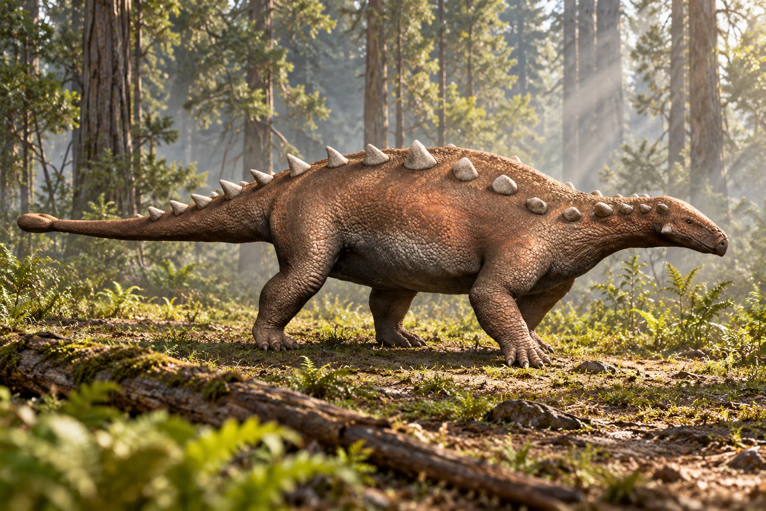 AI artistic reconstruction of Jinyunpelta: low wedge-shaped head; Broad four-legged body with back armour; Long armoured tail ending in enlarged club.