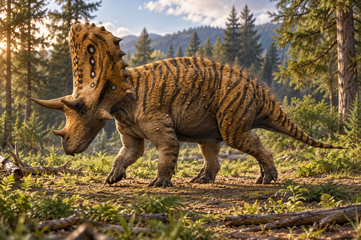 AI artistic reconstruction of Judiceratops: large beaked horned head; Tall triangular frill; Heavy four-legged body and long tapering tail.