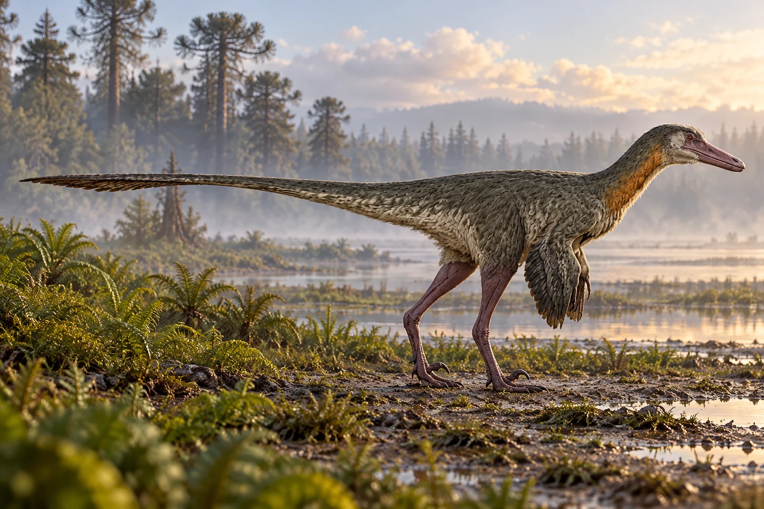 AI artistic reconstruction of Kank: low long-snouted feathered head; Feathered forelimbs and long hind legs; Very long narrow feathered tail.