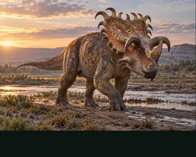 Kosmoceratops in a prehistoric landscape — AI-generated artistic interpretation