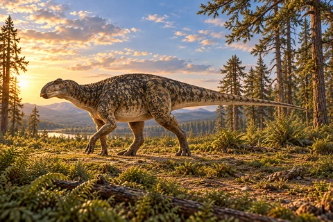 AI artistic reconstruction of Kritosaurus: raised nasal profile; Broad beak; Strong hind legs and deep tail.