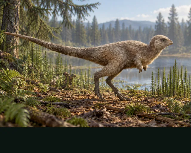 Artistic reconstruction of Kulindadromeus in a prehistoric landscape