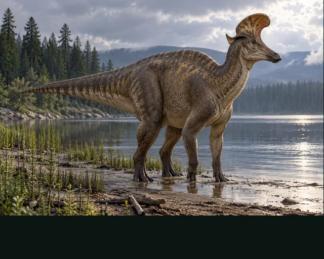 Lambeosaurus in a prehistoric landscape — AI-generated artistic interpretation