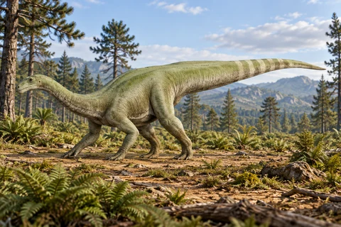 AI artistic reconstruction of Lamplughsaura: elongate low neck and small head; four robust limbs; complete long tapering sauropodomorph tail visible.