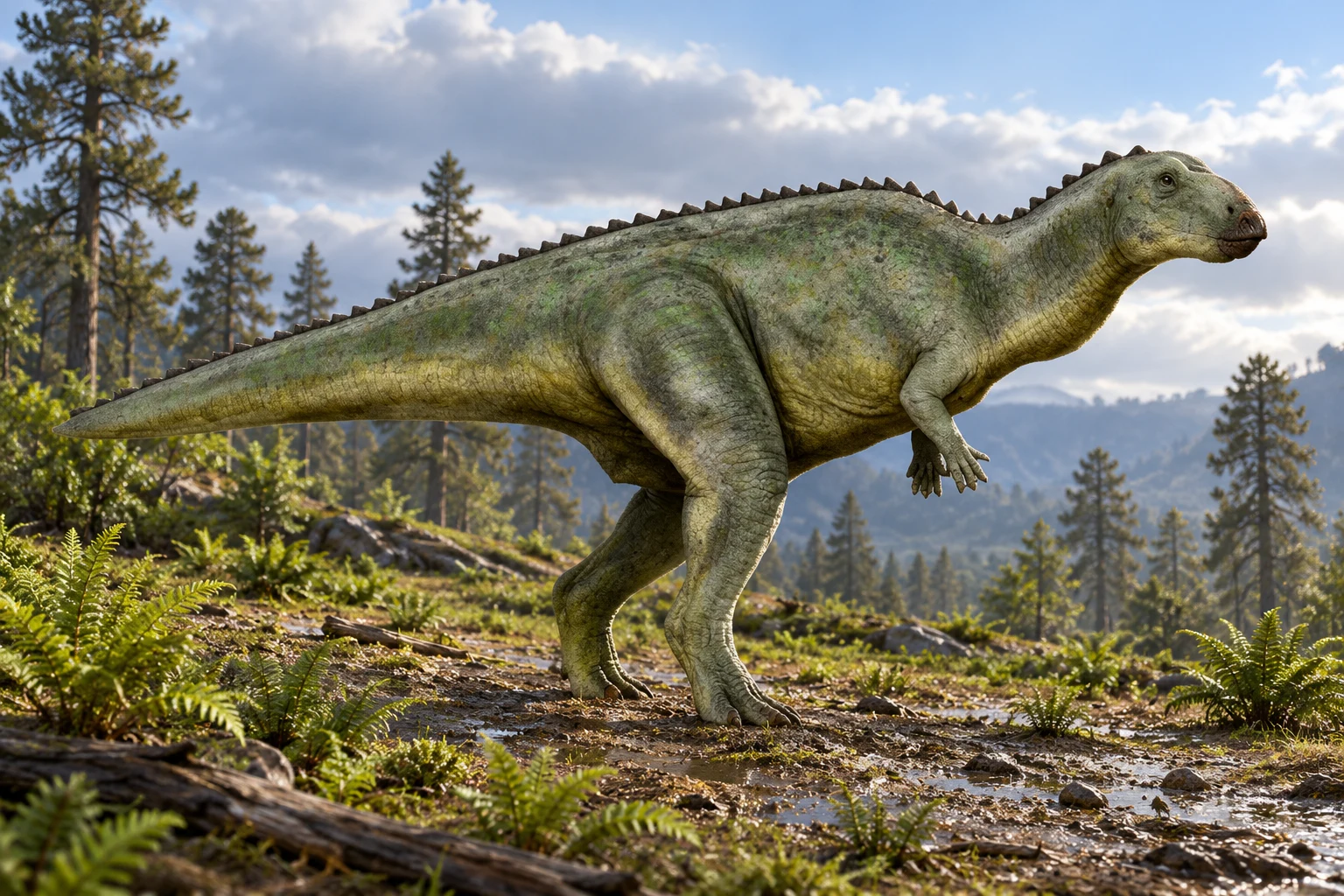 AI artistic reconstruction of Lanzhousaurus: broad low beaked head; short forelimbs and large hindlimbs; full deep torso and complete tail visible.