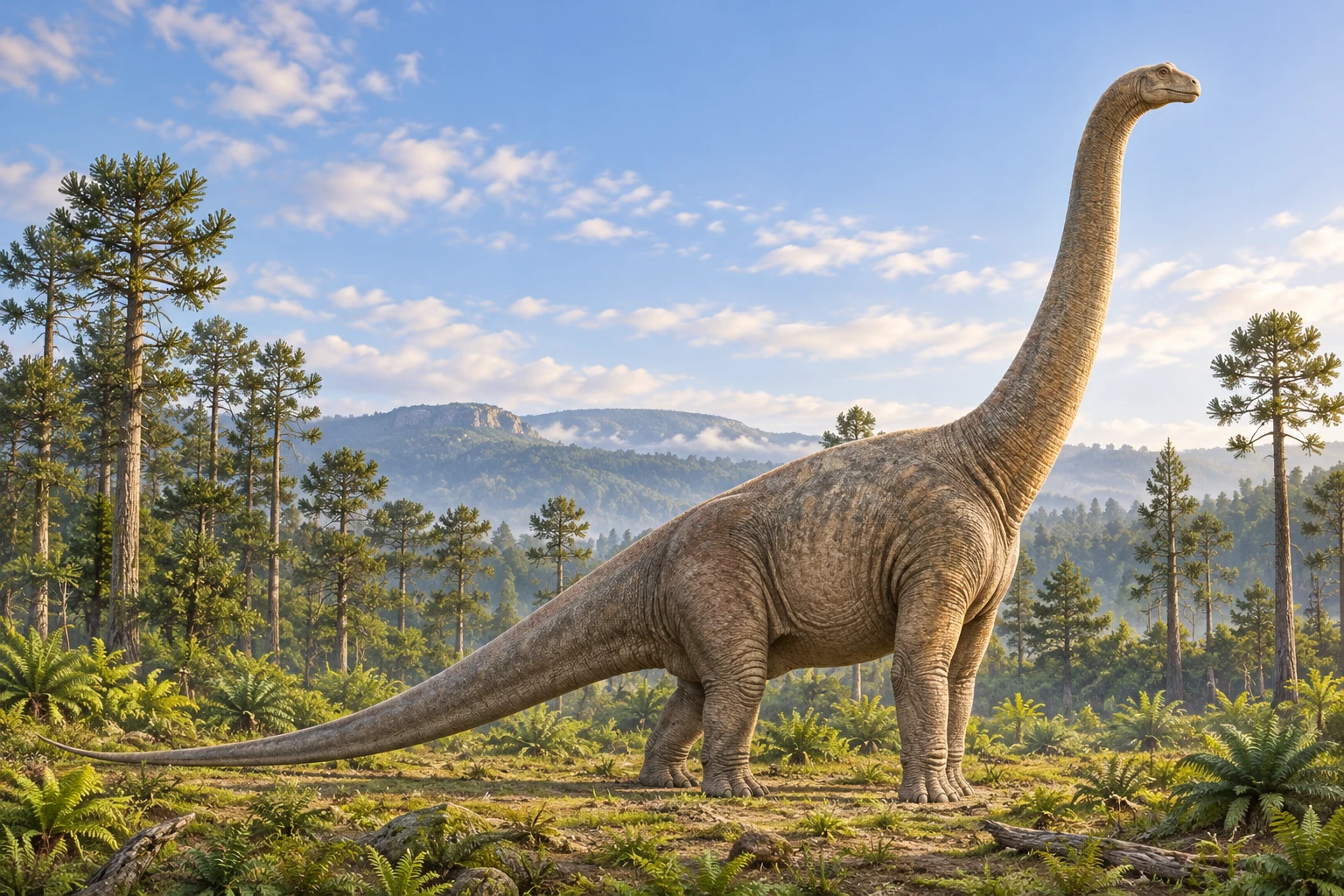AI artistic reconstruction of Lapparentosaurus: small head on very long rising neck; Four weight-bearing legs; Long tapering tail.
