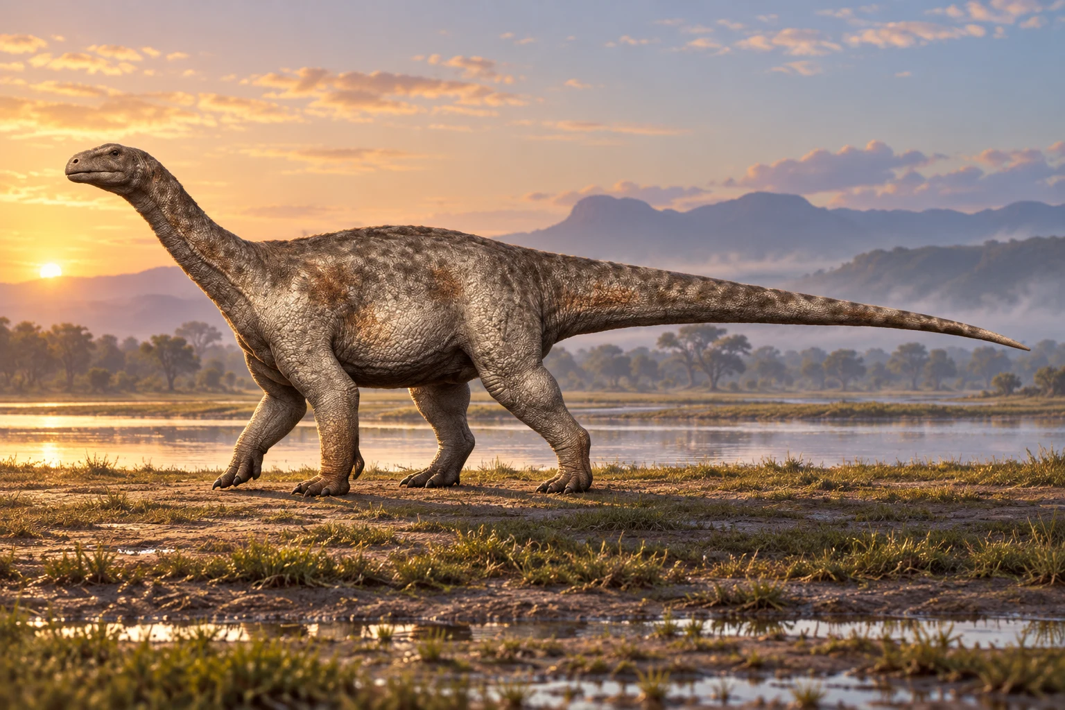 AI artistic reconstruction of Ledumahadi: small head on moderately long neck; Heavy torso on four thick bent limbs; Long tapering tail.