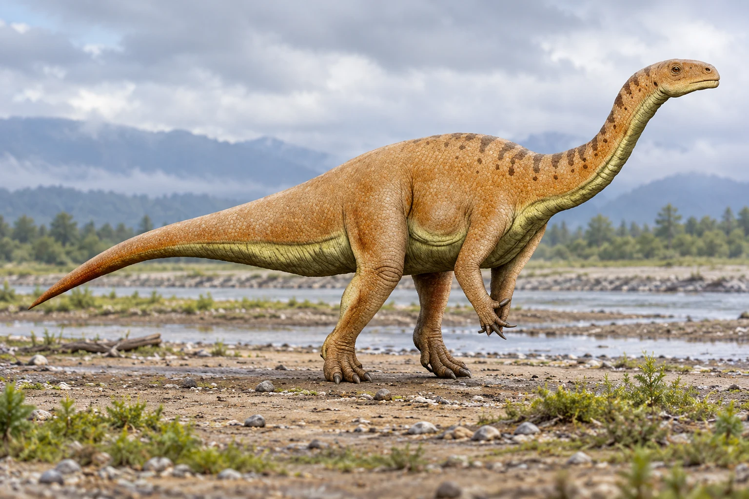 AI artistic reconstruction of Leonerasaurus: small head on long curved neck; Short grasping forelimbs; Long hind limbs and long tapering tail.