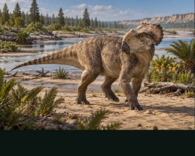 Leptoceratops in a prehistoric landscape — AI-generated artistic interpretation
