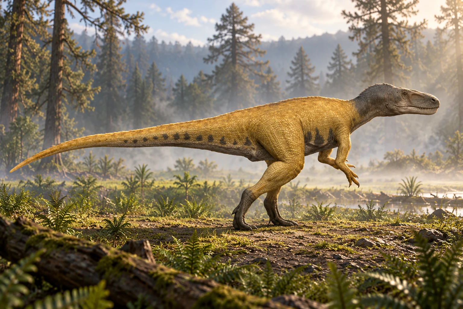 AI artistic reconstruction of Leshansaurus: long deep low head; Three-fingered grasping forelimbs; Powerful hind limbs and long tapering tail.