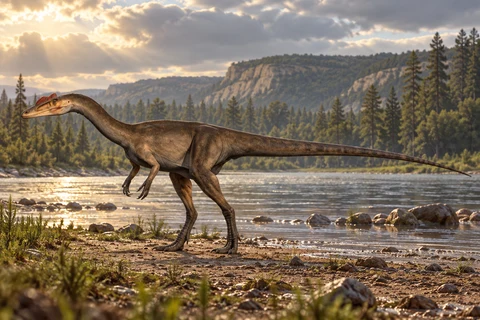 AI artistic reconstruction of Liliensternus: slender long neck and head; small forearms and long hindlimbs; complete curled tail visible behind torso.