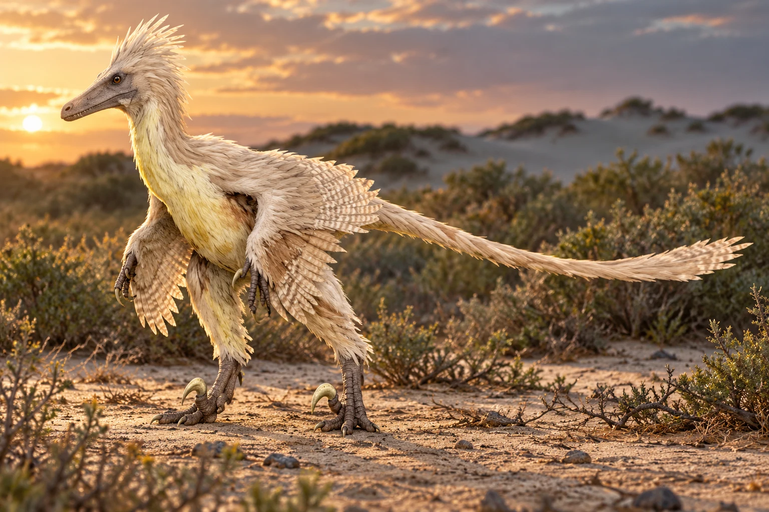 AI artistic reconstruction of Linheraptor: fully feathered biped; toothed head and broad feathered forearms; feet and complete feathered tail visible.