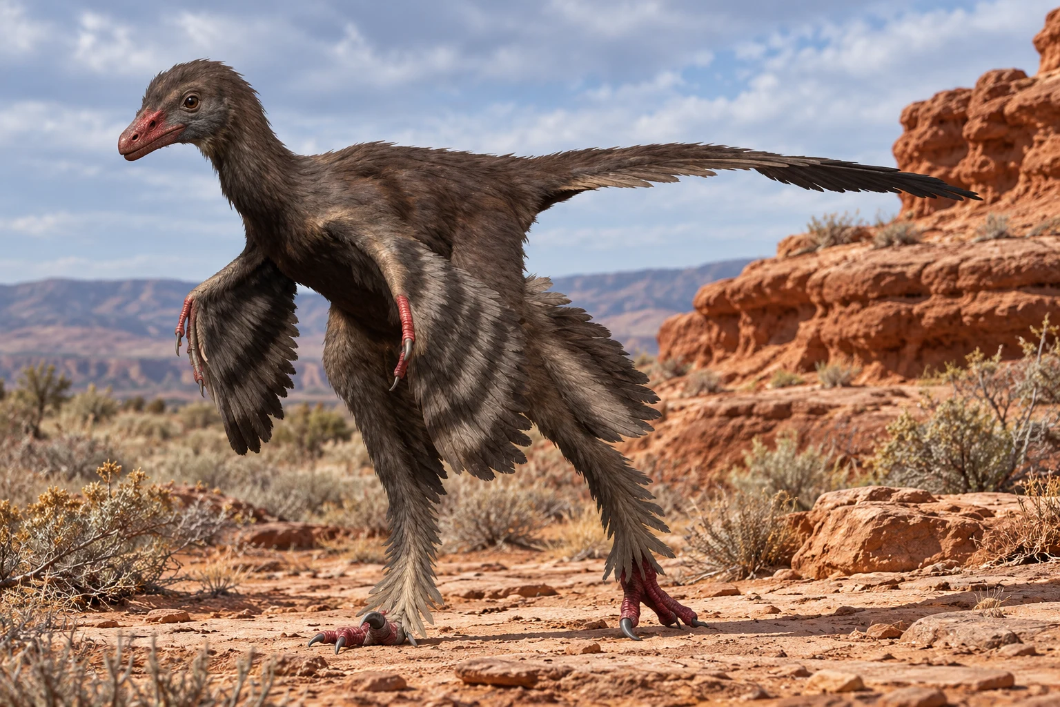 AI artistic reconstruction of Linhevenator: feathered biped with broad wing feathers; short toothed head and large feet; full tail with dark feather tips visible.