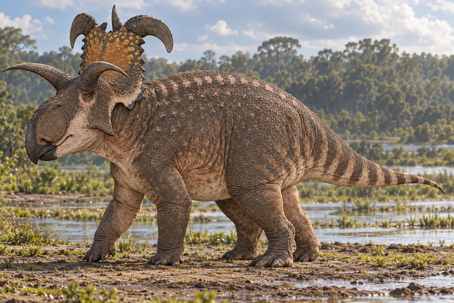 AI artistic reconstruction of Lokiceratops: large beaked head with broad ornate frill; Large curved frill horns and long brow horns; Heavy four-legged body and tapering tail.