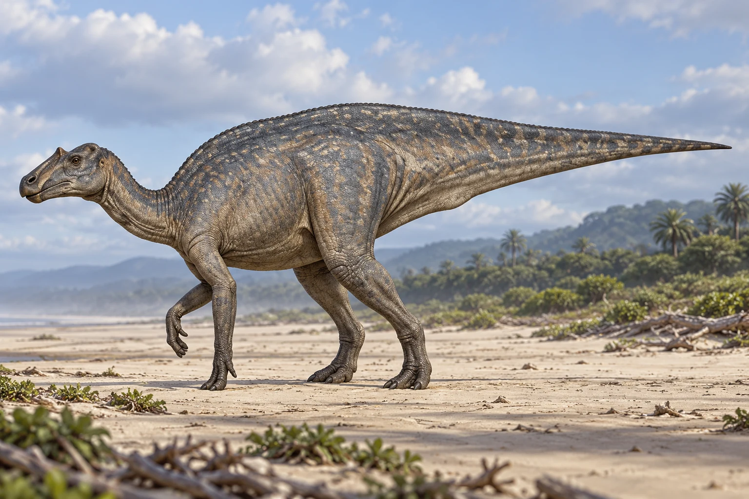 AI artistic reconstruction of Lophorhothon: low beaked skull; Short forelimbs and robust hind legs; Deep tapering tail.