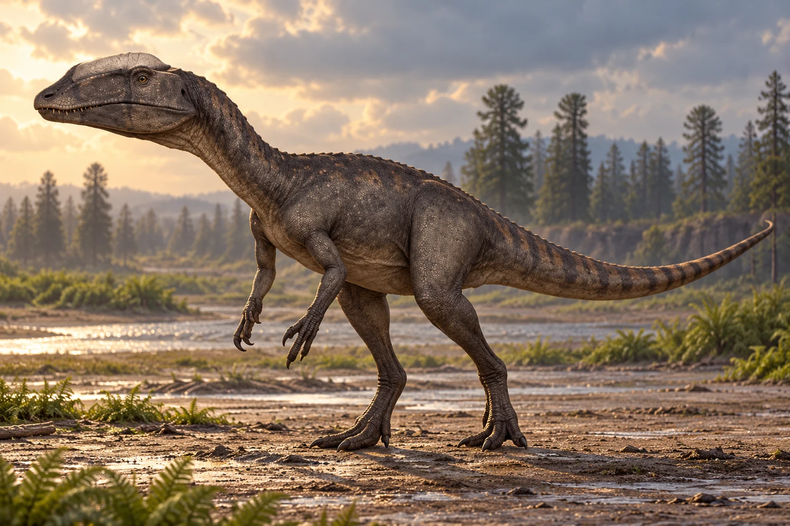 AI artistic reconstruction of Lophostropheus: long shallow head; Grasping three-fingered forelimbs; Long hind legs and tapering tail.