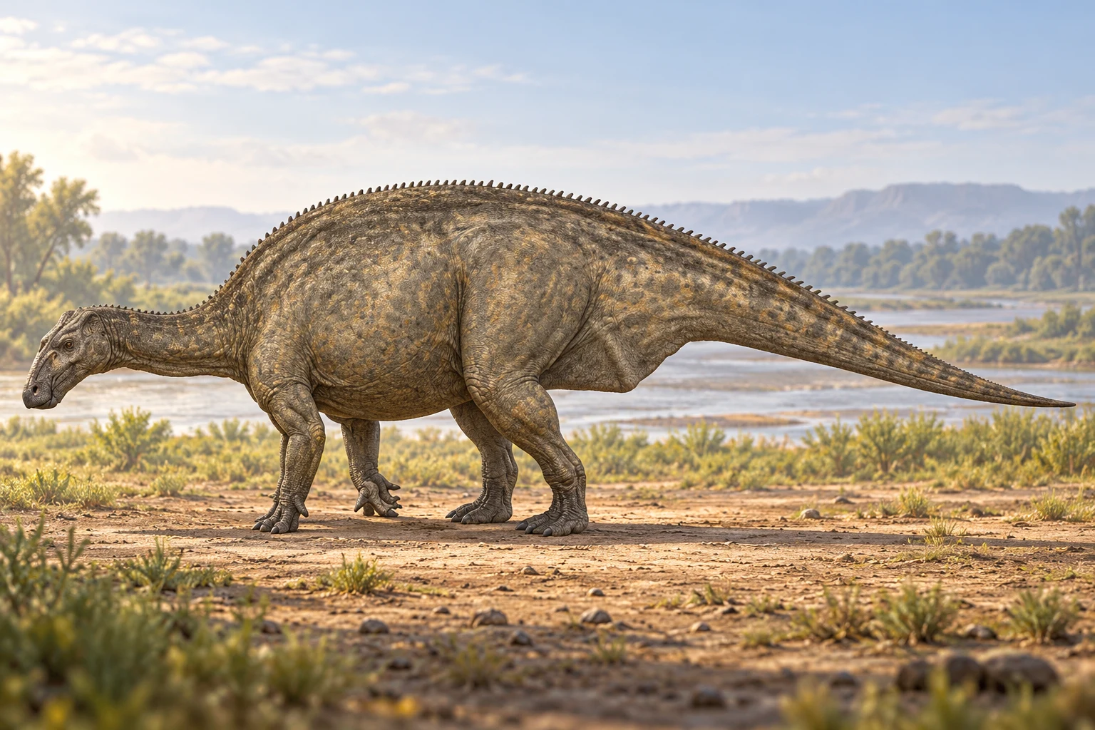 AI artistic reconstruction of Lurdusaurus: small head and elongated neck; Very deep heavy four-legged body; Long tapering tail.
