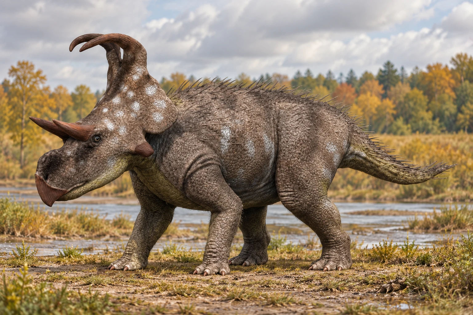 AI artistic reconstruction of Machairoceratops: large beaked horned head; Tall frill with forward-curved upper horns; Four-legged torso and tapering tail.