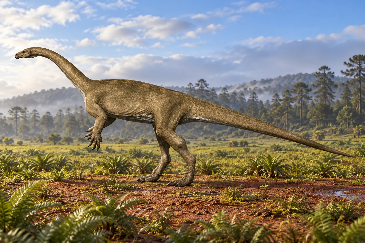 AI artistic reconstruction of Macrocollum: small head on long curved neck; Grasping forelimbs and long hind legs; Long narrow tapering tail.