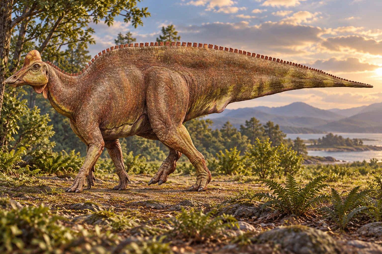 AI artistic reconstruction of Magnapaulia: small beaked head with raised rounded crest; Very deep torso with high back ridge; Four limbs and long deep tapering tail.