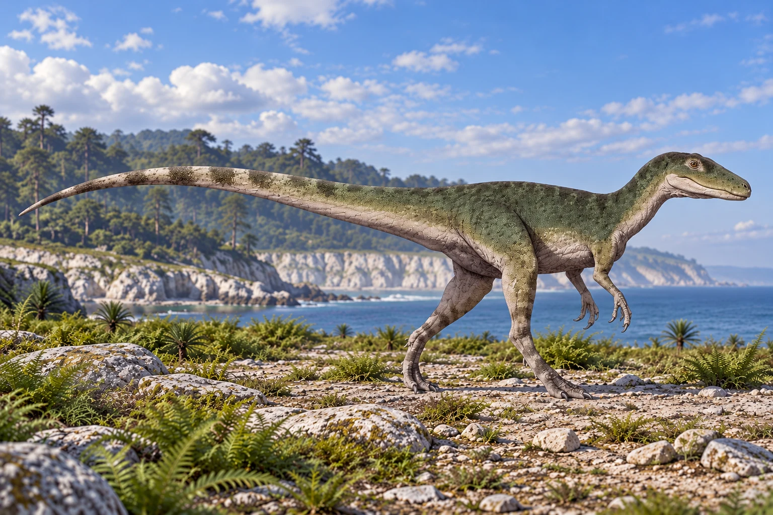 AI artistic reconstruction of Magnosaurus: long low toothed head; Three-fingered grasping forelimbs; Long hind limbs and long tapering tail.