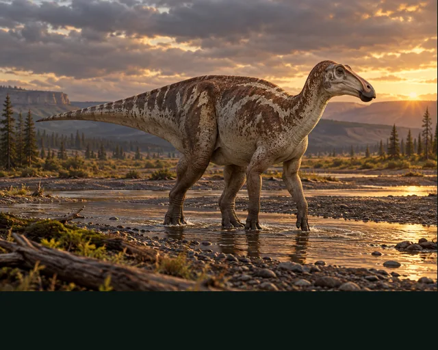 Maiasaura in a prehistoric landscape — AI-generated artistic interpretation