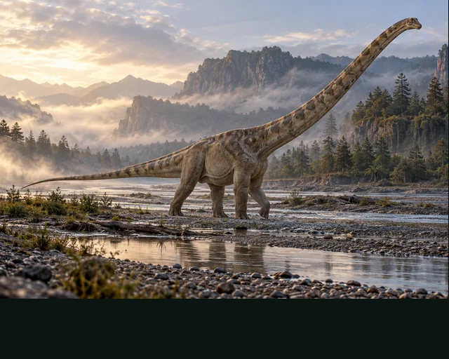Mamenchisaurus in a prehistoric landscape — AI-generated artistic interpretation