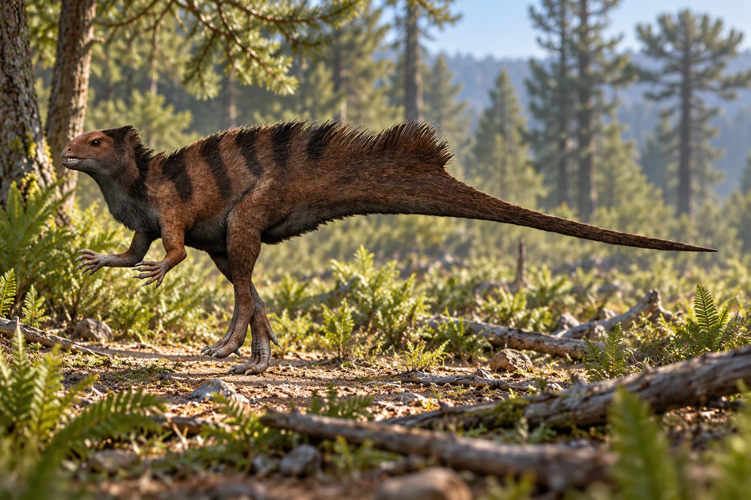 AI artistic reconstruction of Manidens: short beaked heterodontosaur head; filament-covered torso and short forearms; complete hindlimbs and long tapering tail visible.