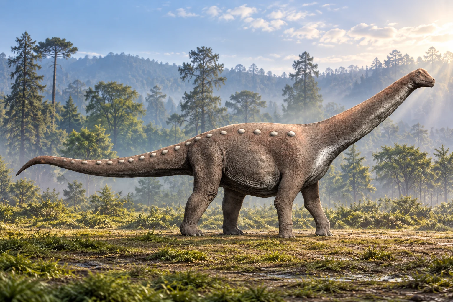 AI artistic reconstruction of Mansourasaurus: small head on rising neck; Four columnar legs and broad torso; Long tapering tail.