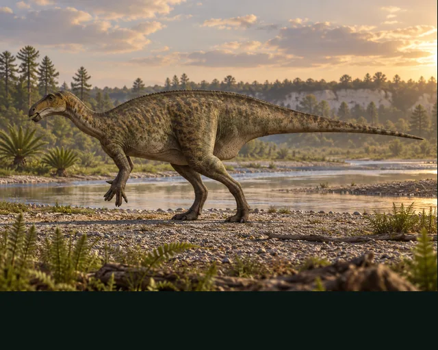 Artistic reconstruction of Mantellisaurus in a prehistoric landscape