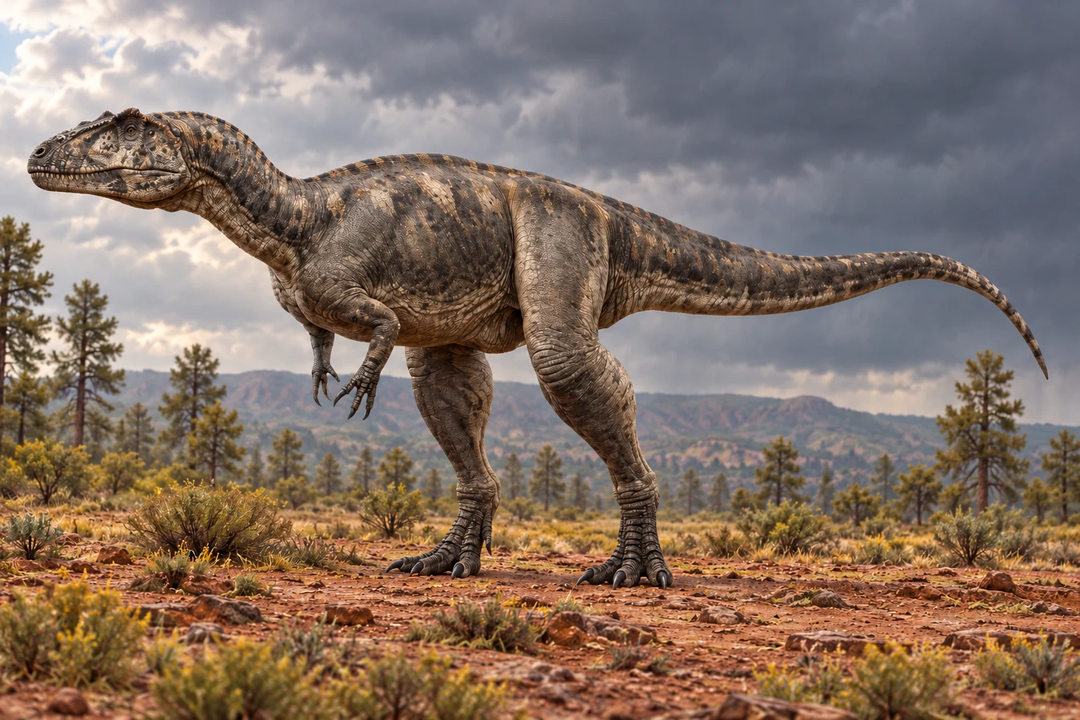 AI artistic reconstruction of Marshosaurus: elongated tooth-bearing head; Three-fingered grasping hands; Bipedal body and long tail.