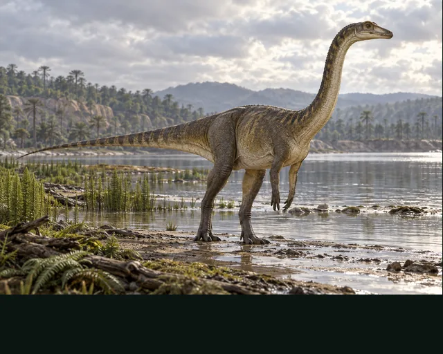 Massospondylus in a prehistoric landscape — AI-generated artistic interpretation