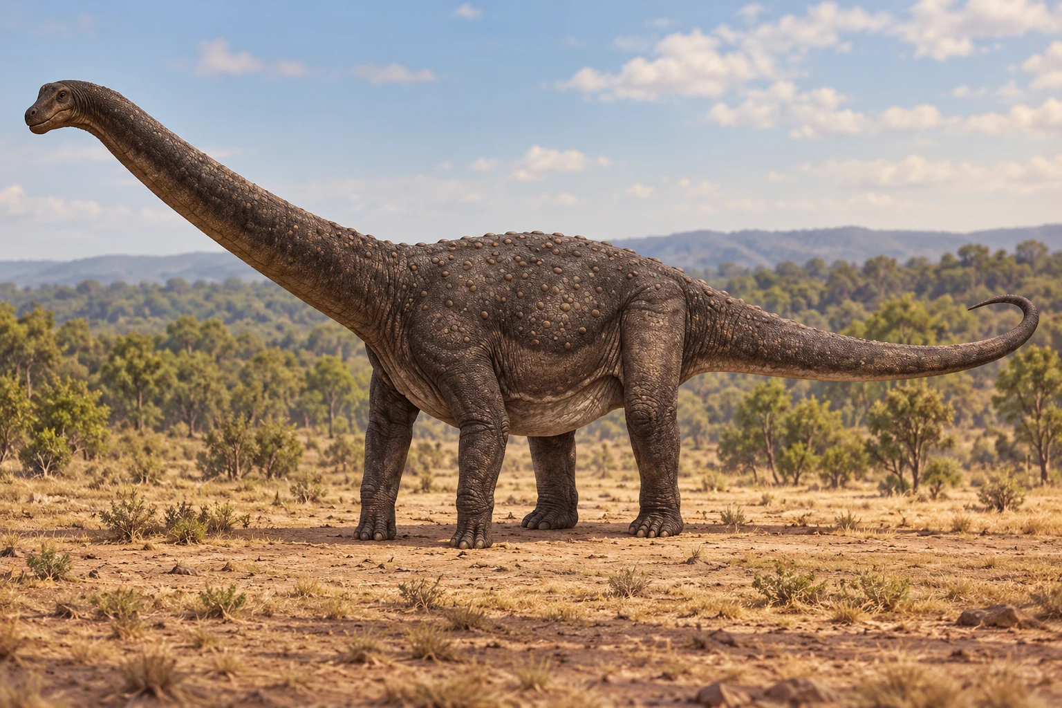 AI artistic reconstruction of Maxakalisaurus: small head on moderate neck; Broad four-legged body; Armoured-looking back and long slender tail.