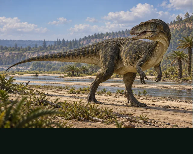 Megalosaurus in a prehistoric landscape — AI-generated artistic interpretation