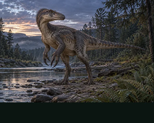 Megaraptor in a prehistoric landscape — AI-generated artistic interpretation