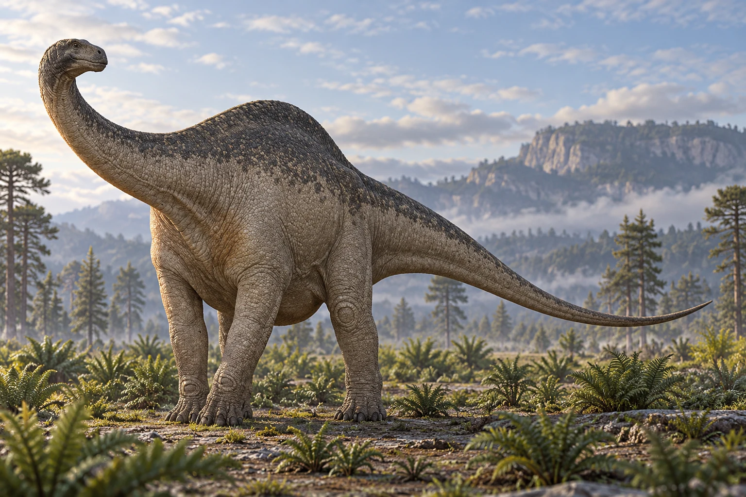 AI artistic reconstruction of Melanorosaurus: small head and moderately long neck; Deep trunk on four robust legs; Long tail held behind body.