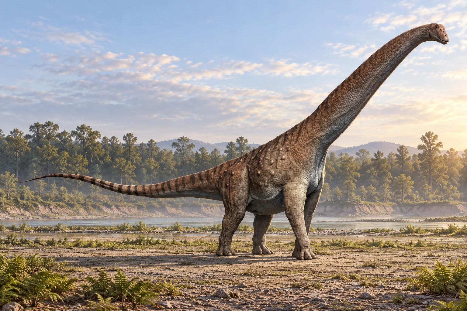 AI artistic reconstruction of Mendozasaurus: long rising neck and small head; deep sauropod torso; columnar legs and long full tail visible.