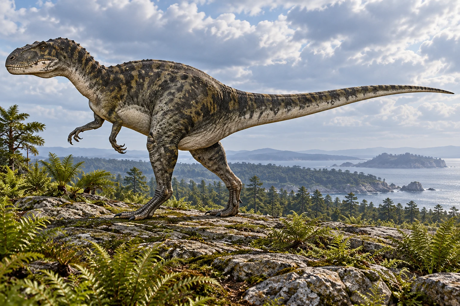 AI artistic reconstruction of Metriacanthosaurus: large tooth-bearing head; Short grasping forelimbs; Strong hind legs and long horizontal tail.