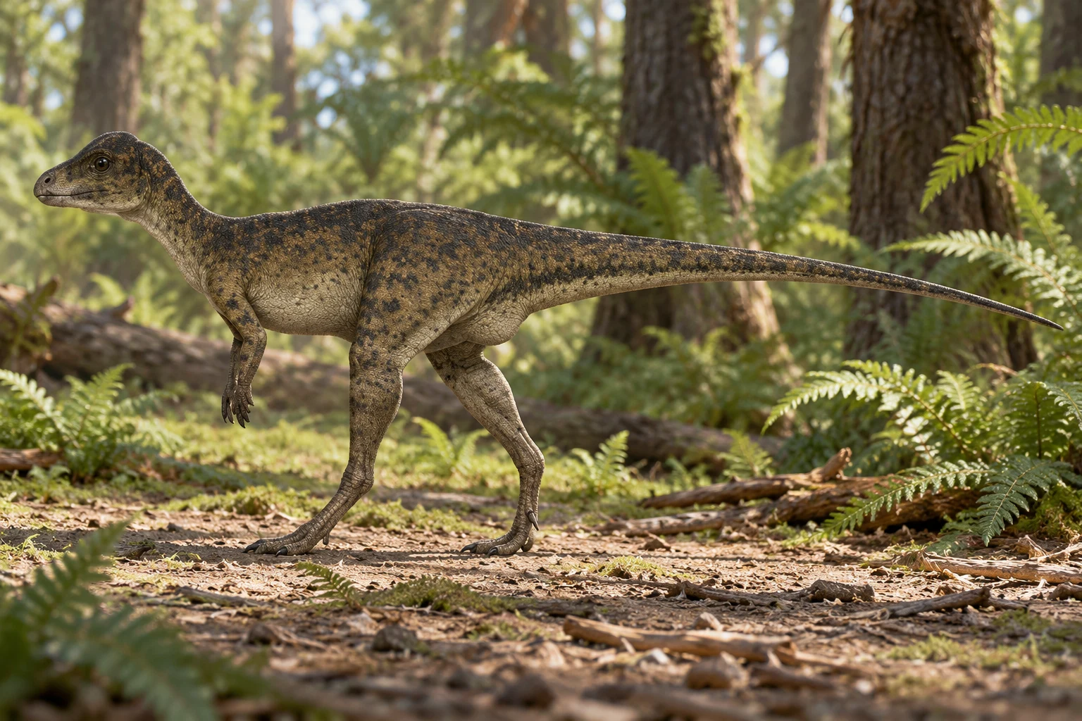 AI artistic reconstruction of Micropachycephalosaurus: small low head; Short forelimbs and long hind legs; Long stiff tapering tail.