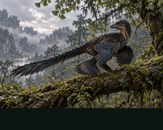 Microraptor in a prehistoric landscape — AI-generated artistic interpretation