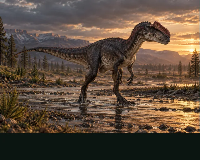 Monolophosaurus in a prehistoric landscape — AI-generated artistic interpretation