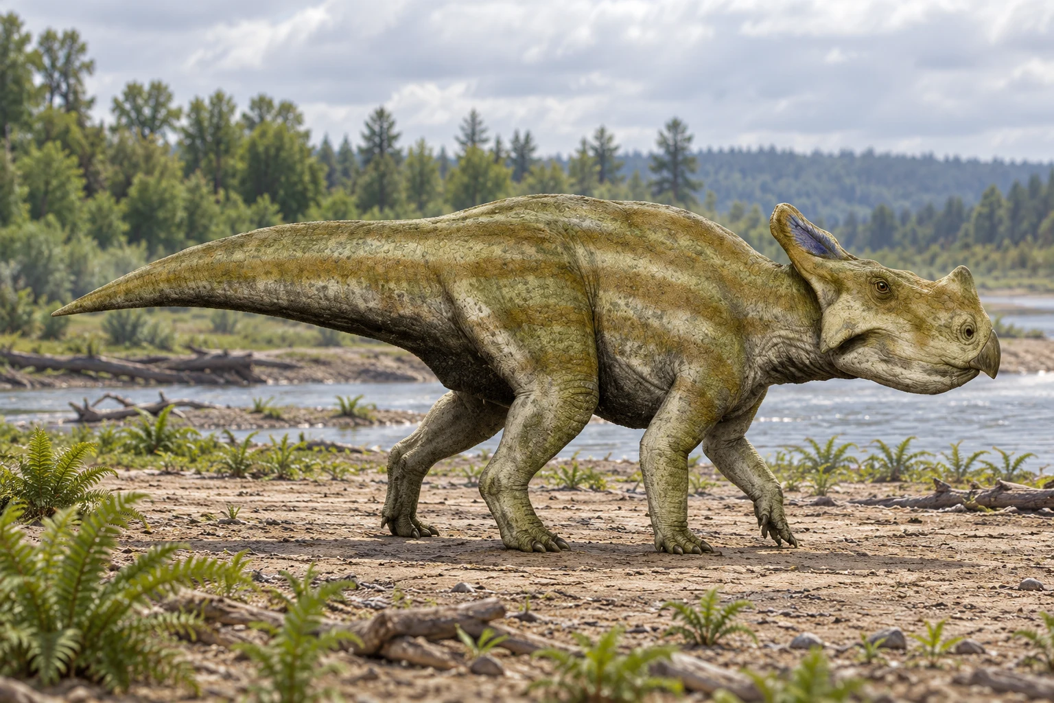 AI artistic reconstruction of Montanoceratops: beaked head with small nasal horn; low short frill; complete four-limbed body and long tail visible.