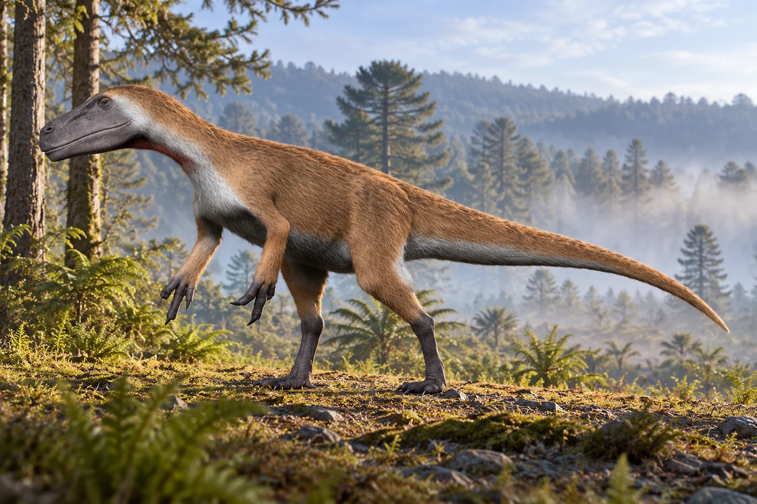 AI artistic reconstruction of Murusraptor: long low toothed head; Long grasping forelimbs; Powerful hind limbs and long tapering tail.