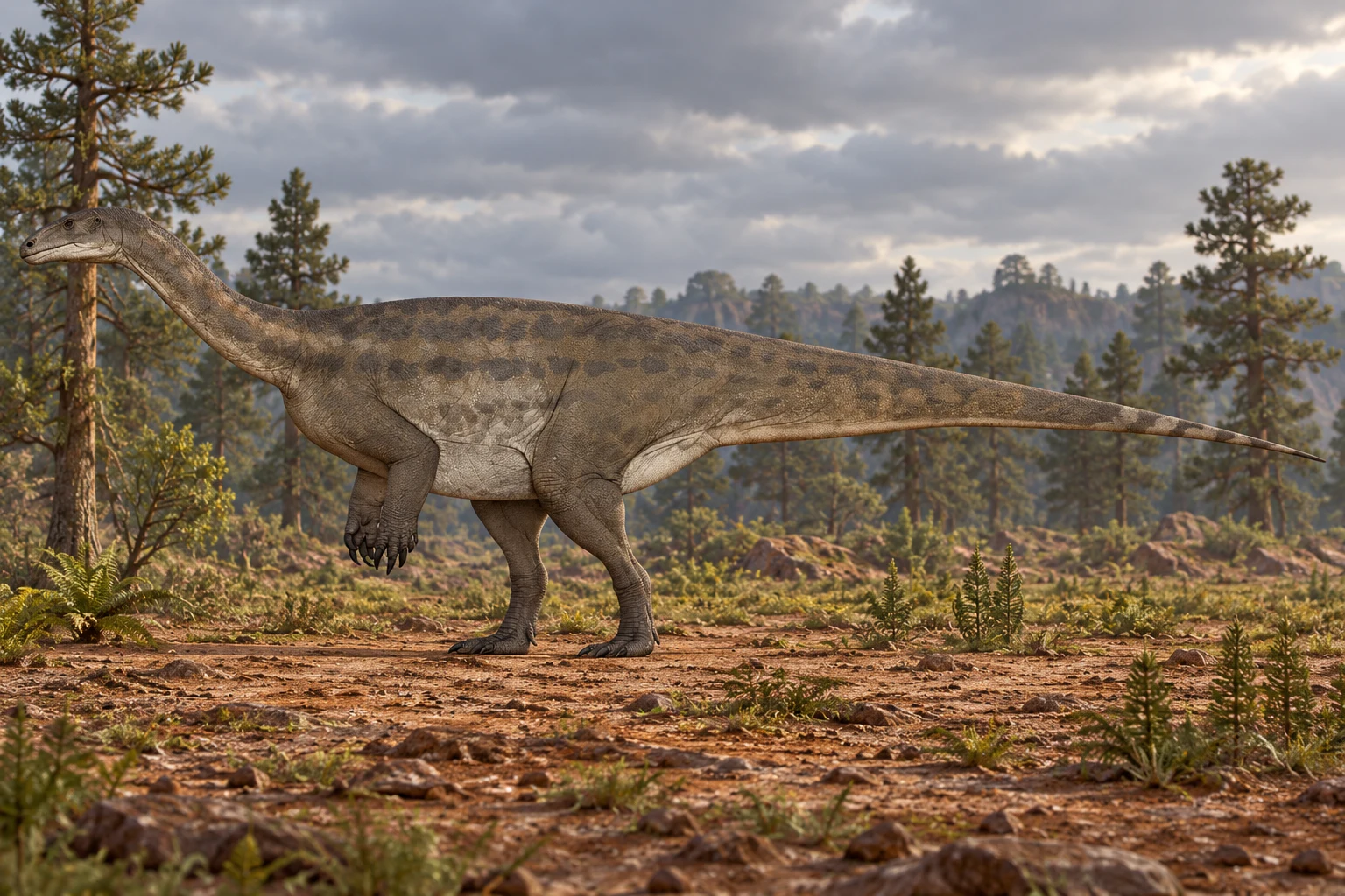 AI artistic reconstruction of Musankwa: small low head on long narrow neck; Grasping forelimbs and long hind legs; Long tapering tail.